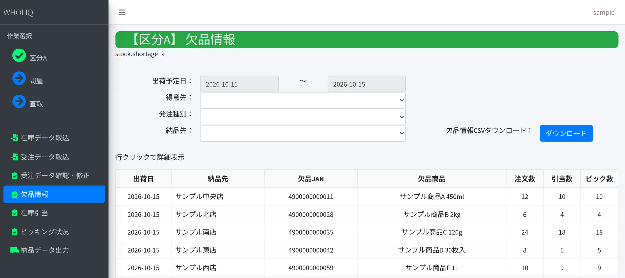 WHOLIQ の欠品情報画面(サンプルデータ)